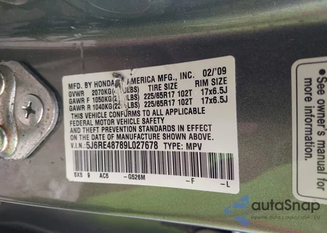 2009 Honda Cr-V Ex-L из США, поврежденный, VIN 5J6RE48789L027678